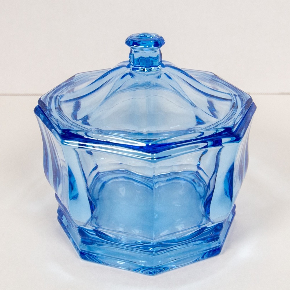 Vintage Indiana Glass Concord Blue Octagon Covered Candy Dish Lidded Trinket Box
